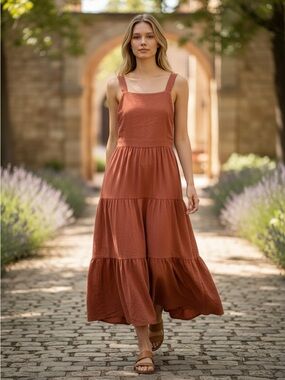 Polagram Rust-Tone Tiered Square-Neck Maxi Dress